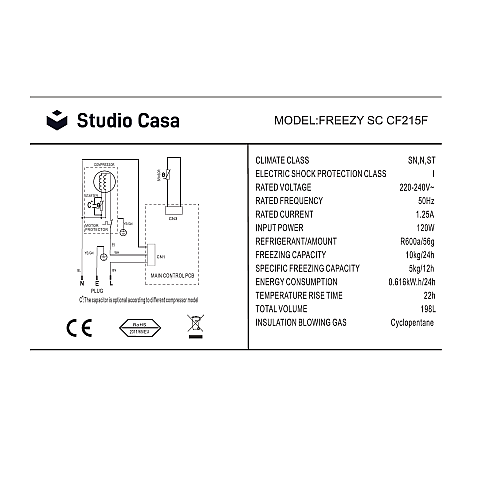 Lada frigorifica Studio Casa Freezy SC CF215 , 198 l, Clasa